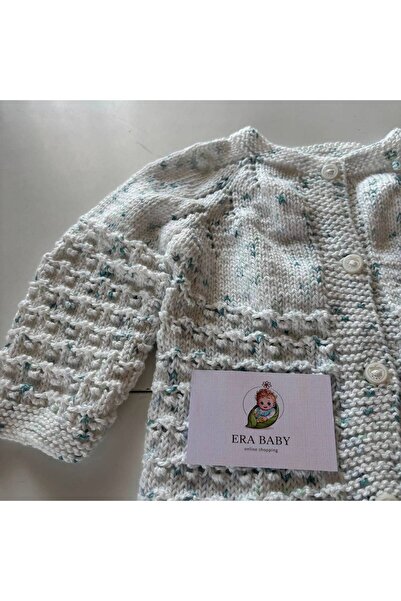 Genel Markalar El Örgüsü Bebek Hırkası Düğmeli Triko Hırka Ekru Kırçıllı Unisex 0-3 Ay, 3-6 Ay