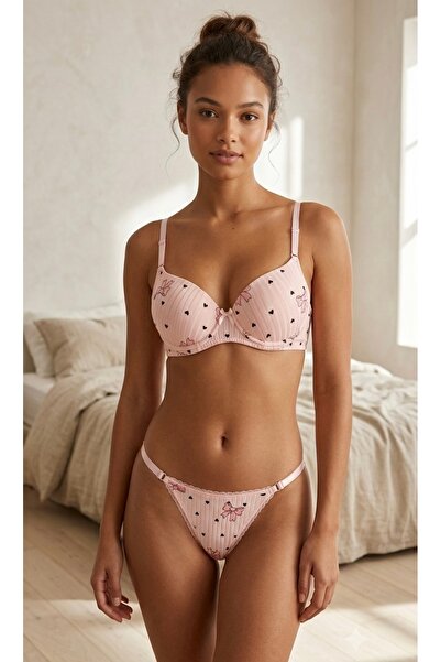 Noirelle Lingerie Kalp ve Fiyonk Desenli Fitilli Dolgulu Sütyen Takımı