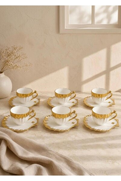 CEZVE HOME Gold Gilded Oyster Model Porcelain Turkish Coffee Cup Set for 6 Pe...