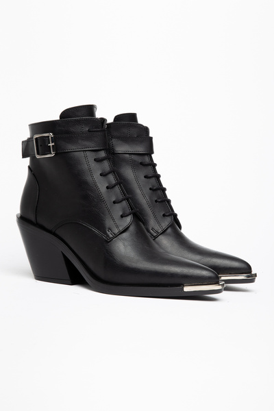 DENORA Black Matte Leather Lace-Up Zippered Metal Toe Western Cowboy Short An...