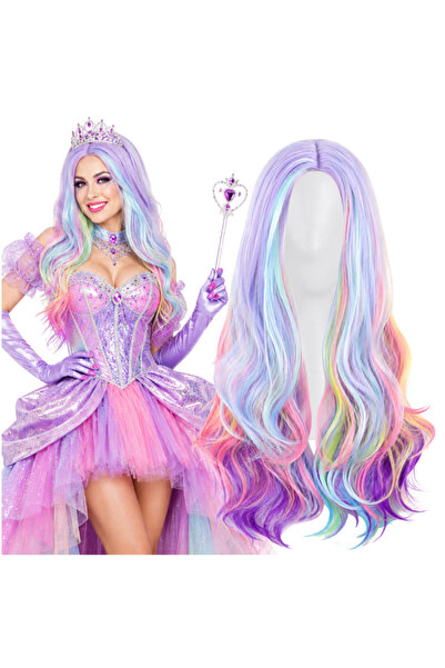 Korbi Perucă lungă, ondulată, în culorile curcubeului, pentru cosplay