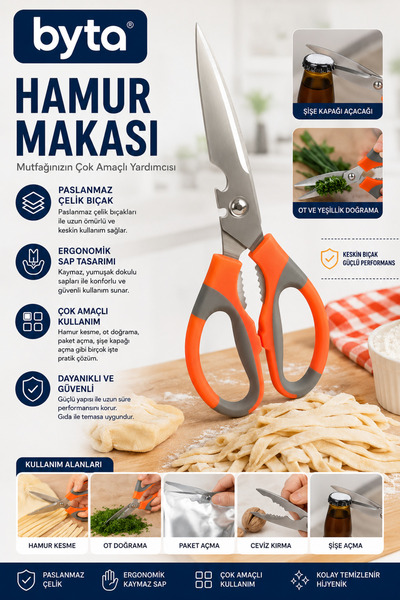 BYTA Multi-Purpose Stainless Steel Kitchen Scissors – for Cutting Dough, Meat...
