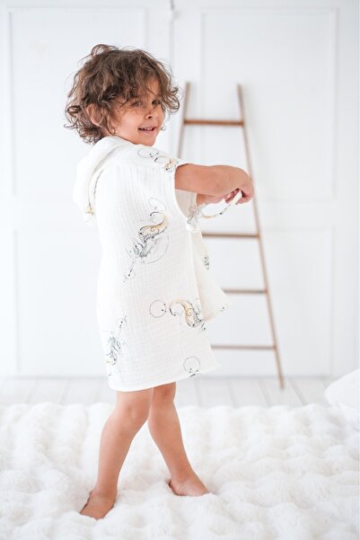 kidsense %100 Pamuk Organik 4 Kat Müslin Kumaş Denizatı Desenli Kapüşonlu Den...