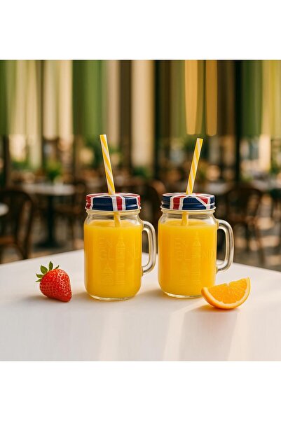 Yıldızan 2 Pieces Glass Mug with Straw and Lid England Mug Cup 490 ml 931845