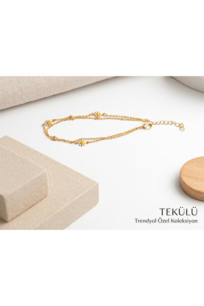 anklet Çelik Zarif Gold papatyalı zincir halhal