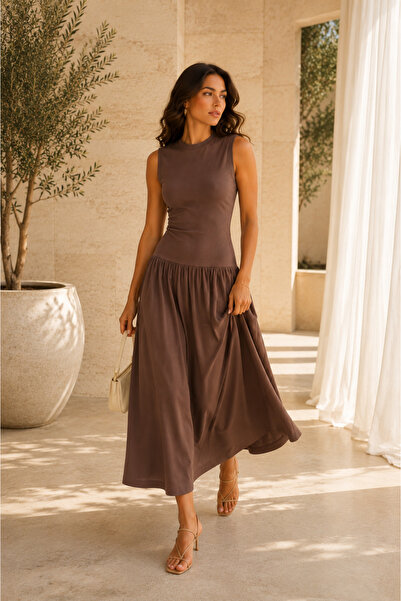 1434 Polo State Women's Brown Sleeveless Low Waist Shirred Midi Dress