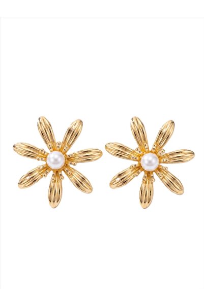 Çiçekli İkili İncili Küpe Gold Medium