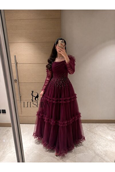LITSHINA Luxury Design Elegant Dress in Burgundy Color Evening Gown