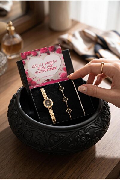 Le Manolia Accessories siyah renk gold kasa zarif kadın saati ve yonca bileklik ve su yolu bileklik set