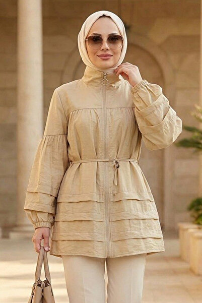 N.S NEVA STYLE Fırfır Detaylı Bej Fermuarlı Tesettür Tunik 15131BEJ