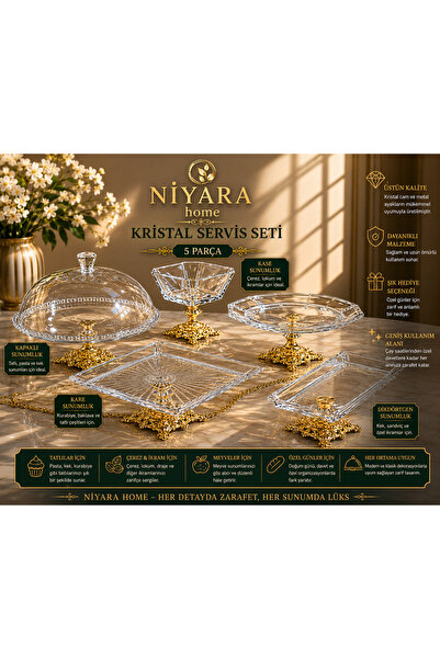 Niyara home KRISTAL SERVIS SETÌ 5 PARÇA USTUN KALITE Kristal cam ve metal aya...