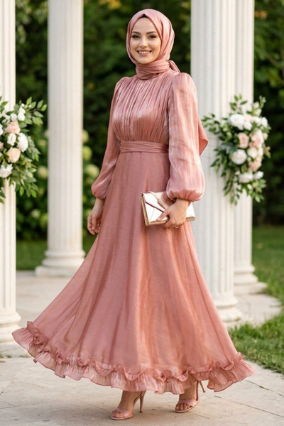 N.S NEVA STYLE Balloon Sleeve Salmon Hijab Evening Dress 6278Smn