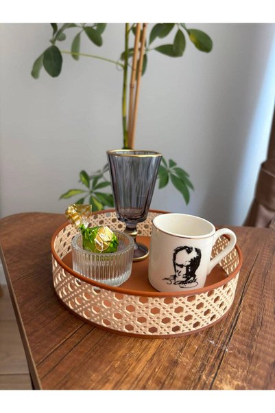 Mus3D Dual Color Natural Rattan Look Decorative Presentation Tray - Coffee Presentation, Candle Holder and Organizer - 16.5 cm - Plastic