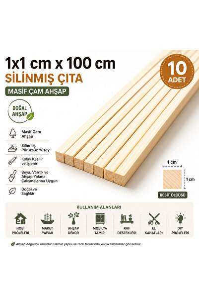 ustawood 1cmx1cmx100 cm Silinmiş Ahşap Çıta 10 adet - Masif Çam