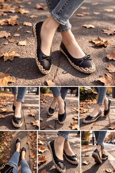 MGEStore Women's Straw Detailed Ballerina Shoes, Daily Comfortable Flat Sole, Casual Ballerina Shoes with Bow