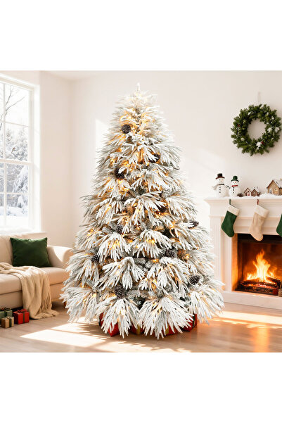 HI-FINE Multi Size Pre-Lit Flocked Snow Christmas Tree PE+PVC Auto Open Artif...