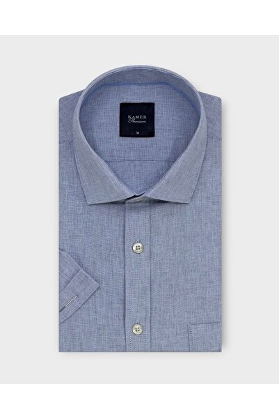 KAMER Men's Regular Fit Short Sleeve Classic Collar Patterned Blue Shirt 9532m