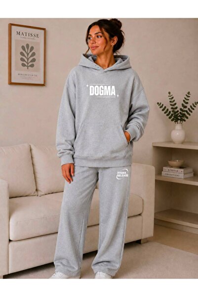 caddekombin Σετ φόρμας Unisex με κουκούλα και τσέπη καγκουρό, με στάμπα Dogma