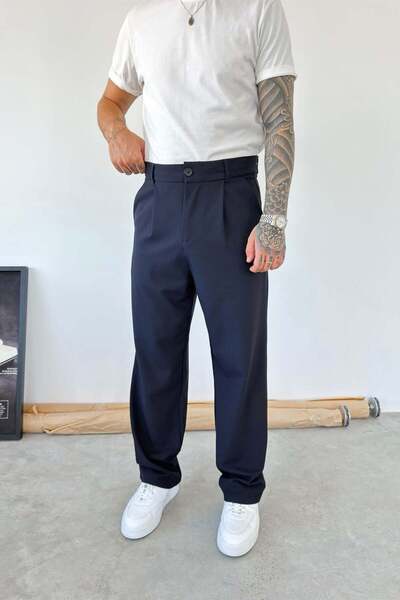 HAFKAGİYİM Navy Blue Pleated Baggy Fit Fabric Trousers