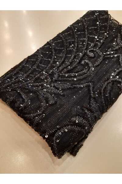 Safir Kumaş Abiyelik Top Sonu 75 cm Kalmış Pul Payet İşlemeli Dantel