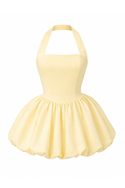 HAMOIYMODA Halter Yaka Balon Etekli Şık Mini Elbise