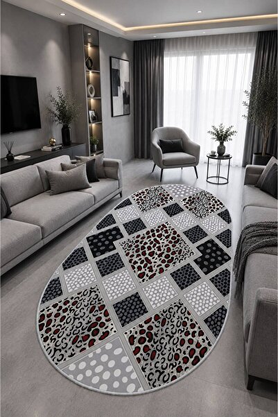 GNL HOME Gri Leopar Desenli Oval Dijital Baskı Salon,Koridor,Mutfak,Balkon,Of...