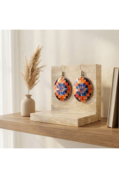 Erol Bakır New Series Copper Navy Blue Orange Floral Dangle Earrings