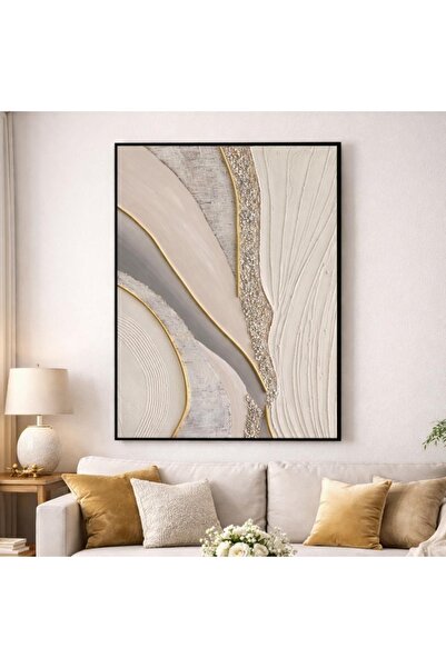 Afkar modern لوحة جدارية جبس ملمسية Texture Art تصميم انسيابي بخطوط ذهبية وإط...