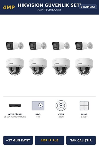 Hikvision 8 Kameralı 4MP Güvenlik Kamera Seti 4MP IP PoE 4TB ~27 Gün Kayıt Do...