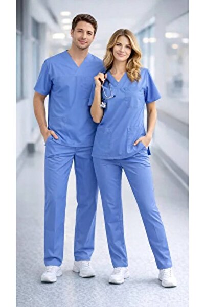 Edelvays Shop Unisex Doktor Hemşire Forması Pamuk Likralı Yarasa Kol Scrubs C...