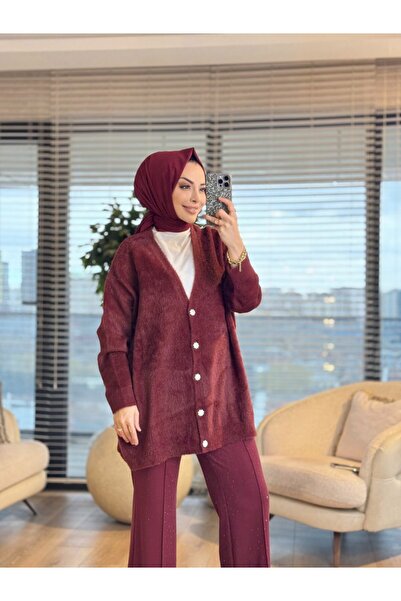 Yasemen 80259 سترة كارديجان بياقة على شكل حرف V باللون الأحمر الداكن