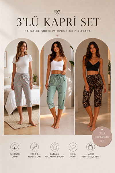 FISILTI COLLECTİON Kadın 3’lü Kapri Pijama Altı Seti Günlük Kullanıma Uygun Y...