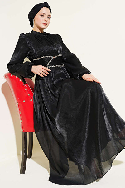 YAZGI MODA Taş Detaylı Saten Abiye Elbise