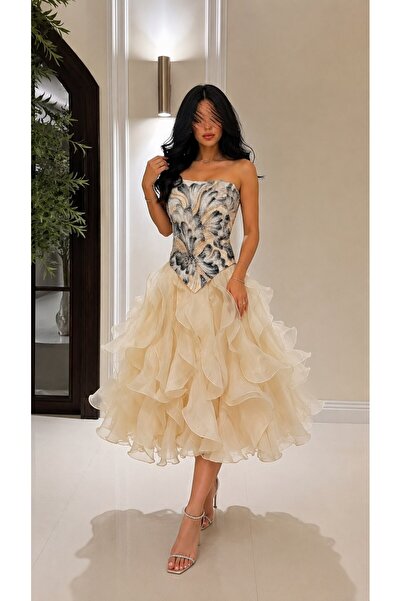 Jood Short Evening Dress with Beaded Corset and Organza Ruffle Skirt