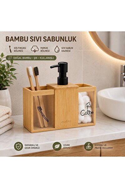 DİLAY HOME Doğal Bambu Sıvı Sabunluk Seti | Diş Fırçalık ve Pamukluk Bölmeli ...