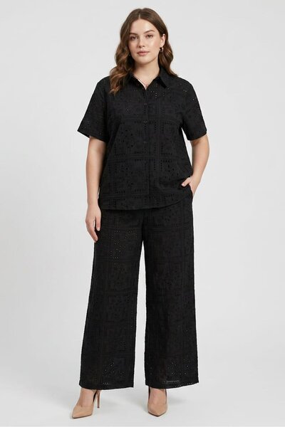 JASON WU Women 2 Pieces Eyelet Shirt With Pants Coord Set, Black