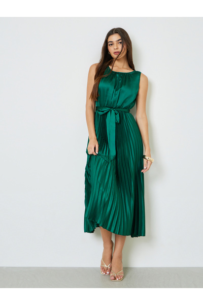 Take Two By Styli Green Satin Pleated Midi Dress with Tie Waist