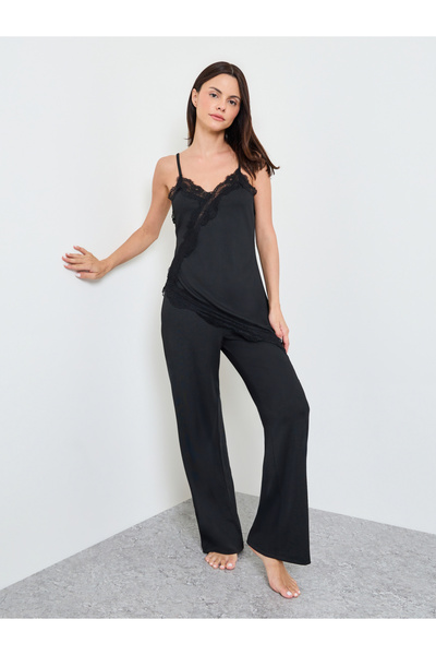 Styli Black Lace Trim Longline Cami and Pyjama Set