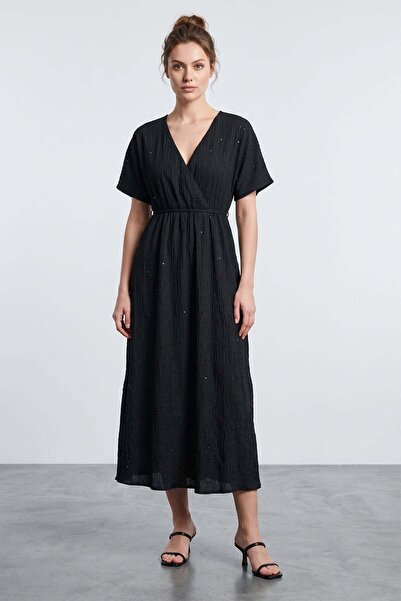 Fulla Moda Sequined Double Breasted Collar Dress with Elastic Waist
