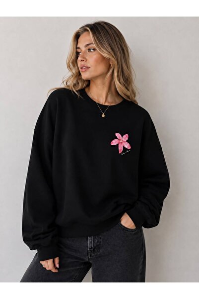 caddekombin Women's Pink Floral Printed Crew Neck Sweatshirt
