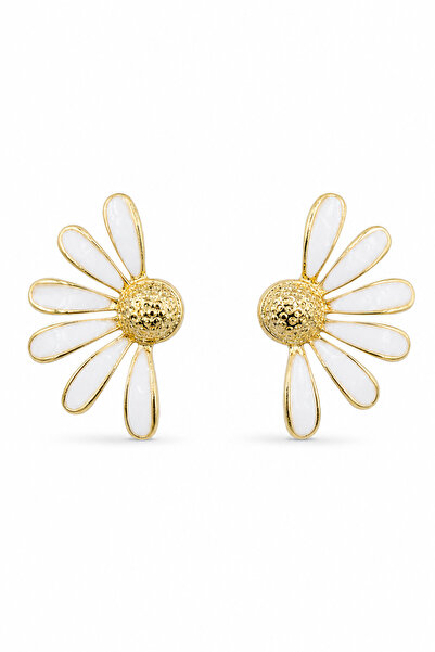 Jack Ferrero Daisy Design White Enamel Detailed Yellow Tone Women's Earrings