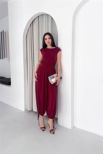 Neşeli Butik Γυναικεία μπορντό ολόσωμη φόρμα με λεπτομέρειες και κορδόνια, κα...