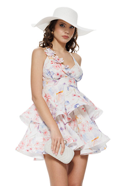 Fofy Rochie de vara mini cu volane intarite din bumbac imprimeu floral flori 3D