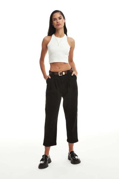 PAZEN MODA Black Belted Pants Cotton Fabric