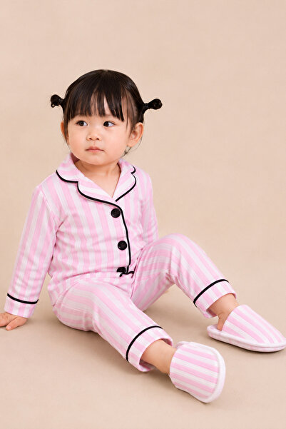 Rocha Baby Çizgili Çocuk Pijama Takımı Terlikli 3 Parça Fitilli Ev Giyim Seti