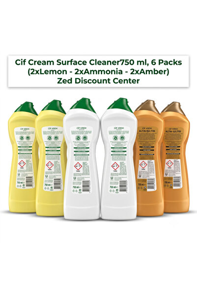 Cif Detergent cremă pentru suprafețe 750 ml, 6 pachete (2xLămâie - 2xAmoniac - 2xAmbră)