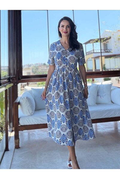 Atelier Derin Blue Tie-Dye Detailed Short Sleeve Dress