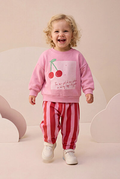 Minipodyum Baby Girl Top and Bottom Set with Striped Cherry Print