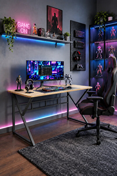 Hagen Oyuncu Masası 140x60 cm Metal Ayak Ahşap Tabla Gaming Bilgisayar Çalışm...