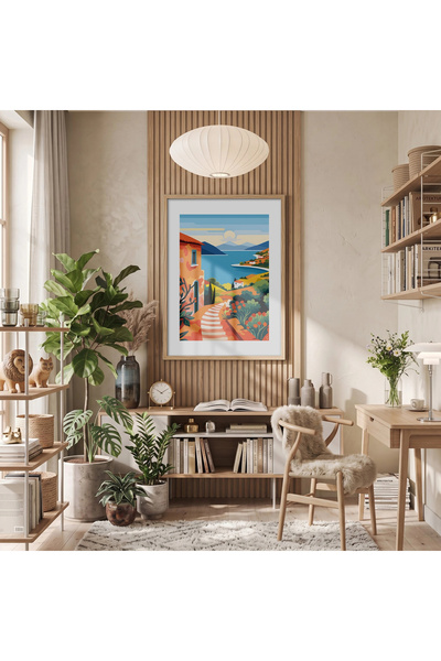 KOLAJTASARIM Colorat Sea Town, cu ramă din lemn natural, poster de masă, obie...